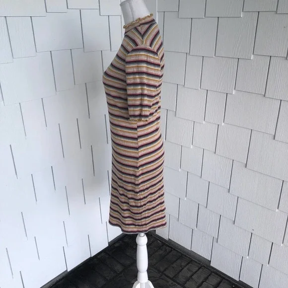 Socialite Women's Pink/Mustard Striped Lettuce Trim Mock Neck Bodycon Dress sz L - Picture 3 of 4